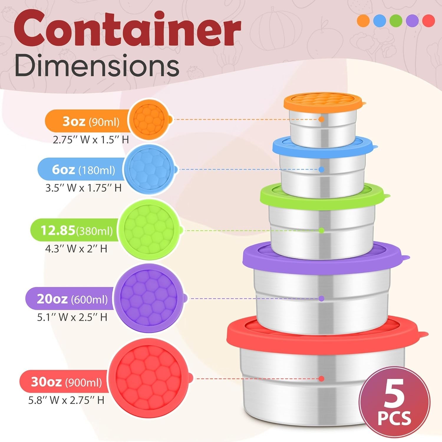 Stainless Steel Food Containers With Lids 3oz,6oz,12.85oz,20oz,30oz Set Of 5