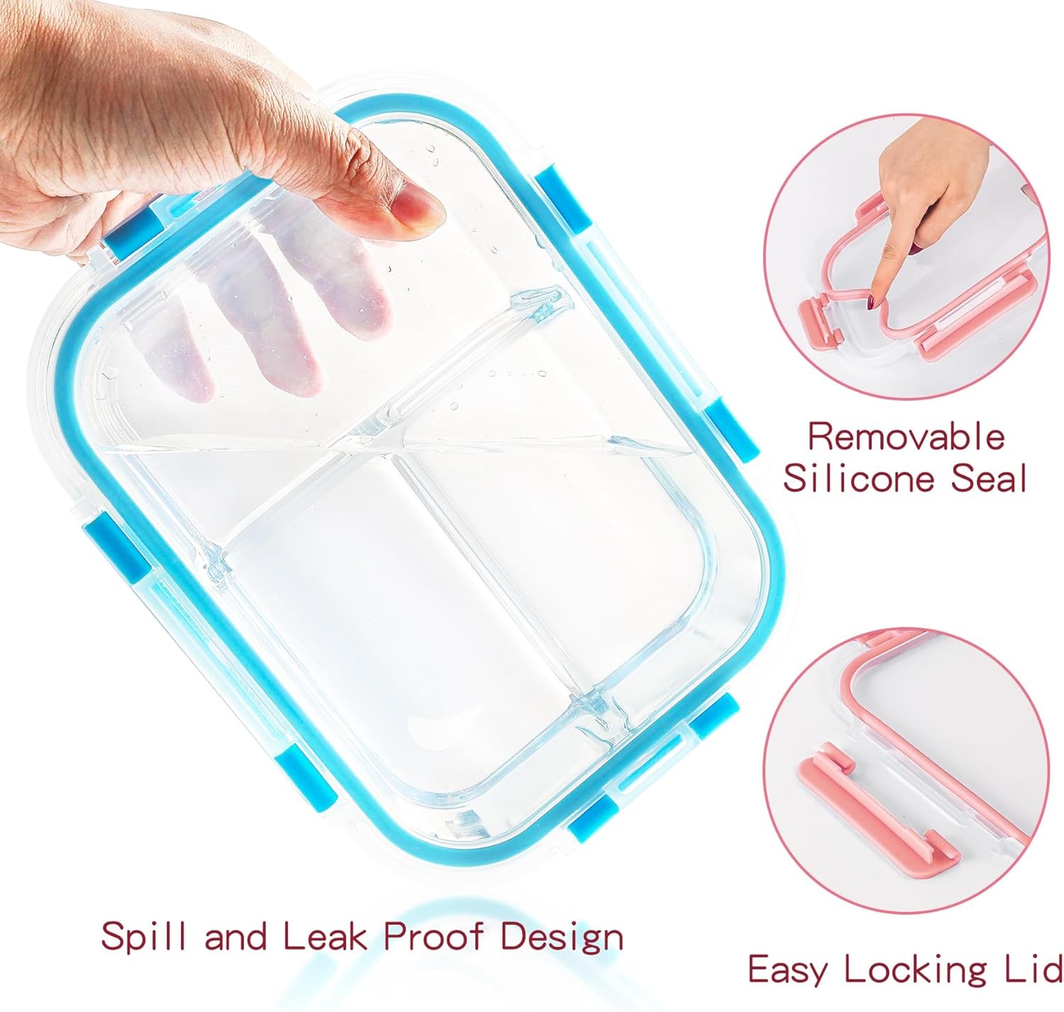 Glass Food Storage Containers 3 Compartment with Lids (5 Pack, 34oz), Divided Gl