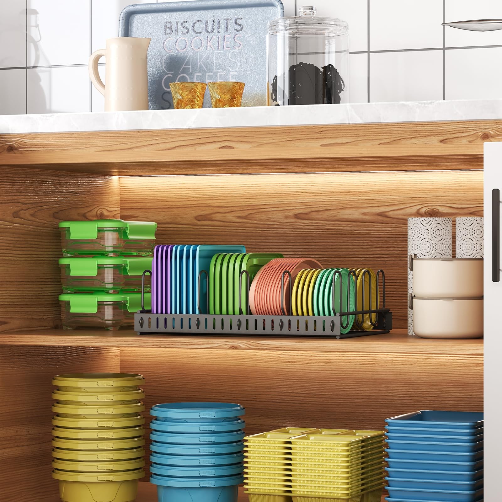 Black Metal Food Container Lid Organizer with 6 Adjustable Dividers for Cabinet