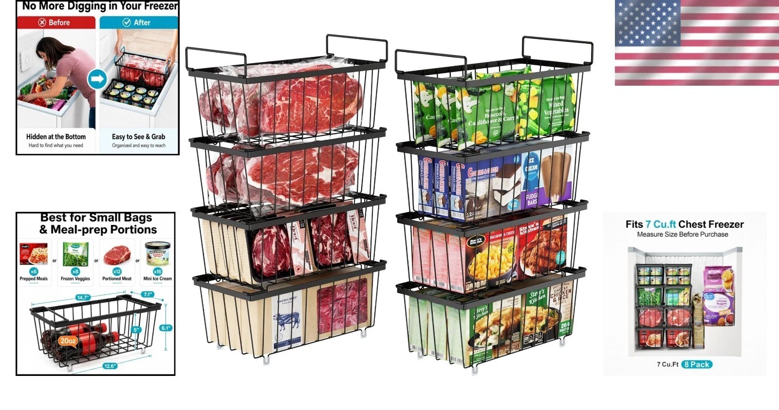 8pc Freezer Organizer Bins 14.7″ Stackable Metal Baskets Rust-Resistant