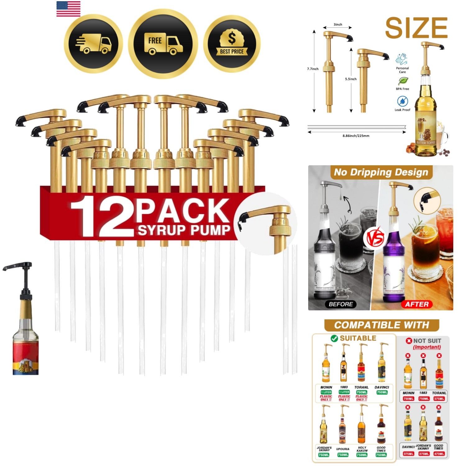 12 pcs Syrup Pumps with Cap to Avoid Dripping, Leak Proof Coffee Syrup Dispen…