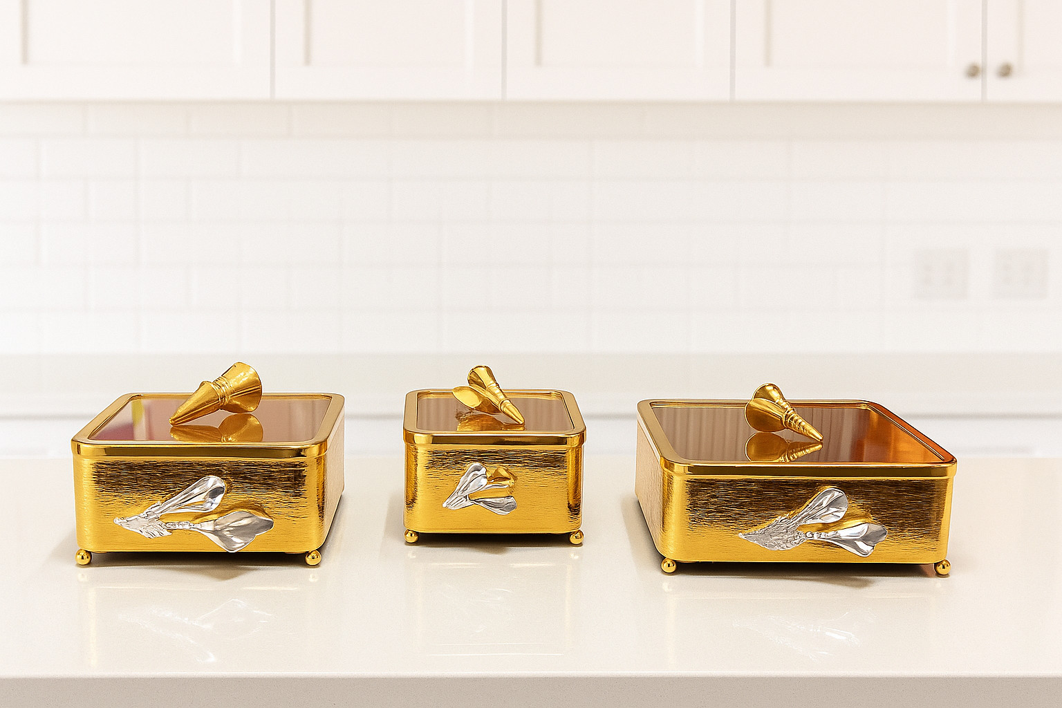 3-piece gold rectangular decorative candy/nut storage box set, with clear lids