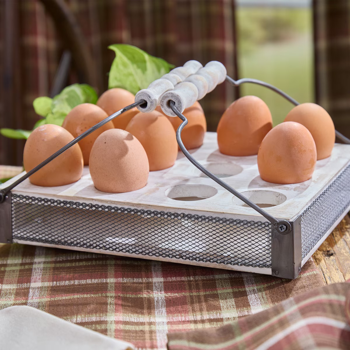 Egg Holder Crate for 12 Eggs Wood Metal with Handles Country Farmhouse