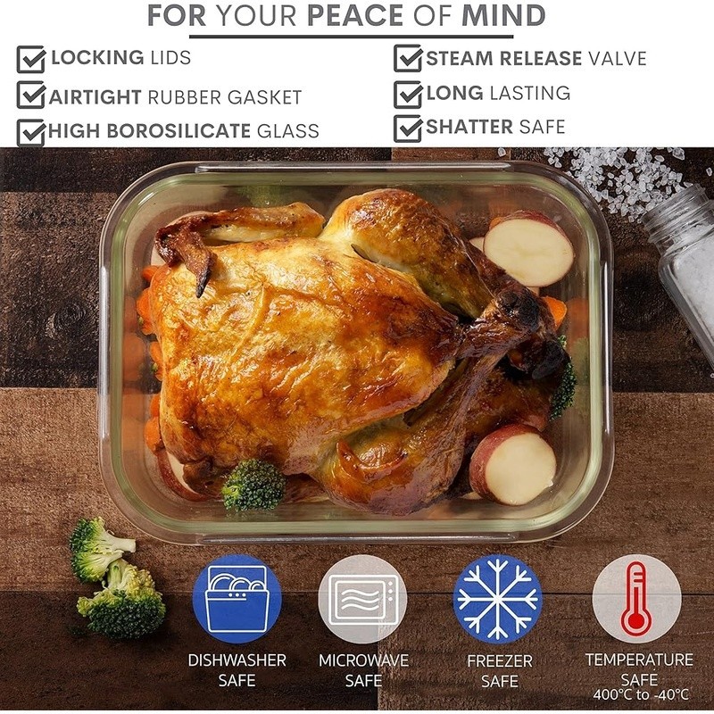 Airtight Glass Storage Containers Locking Lids Bakeware Meal Prep Leak Proof New