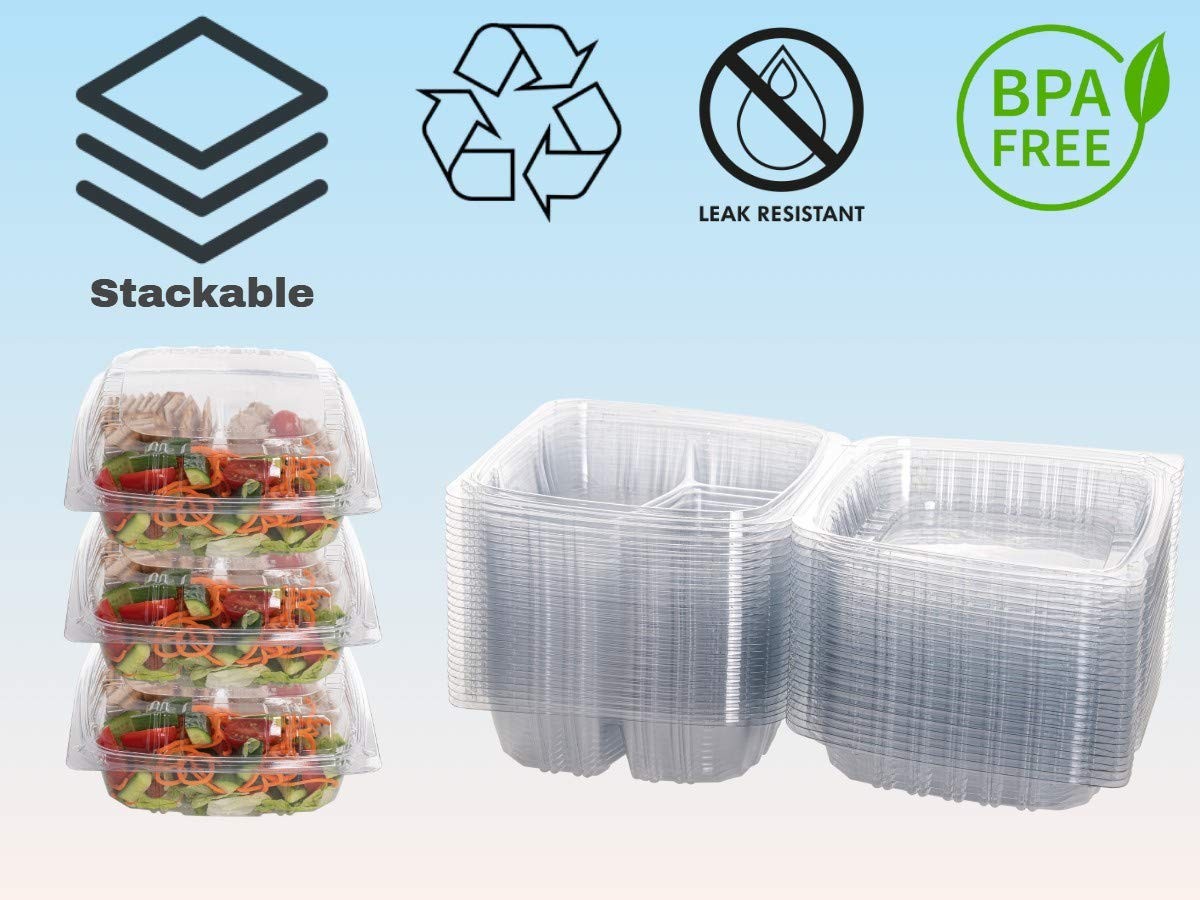 Plastic Clamshell Food Containers, (Pack of 50-8x8x3 3/8) 3-Compartment, to g…