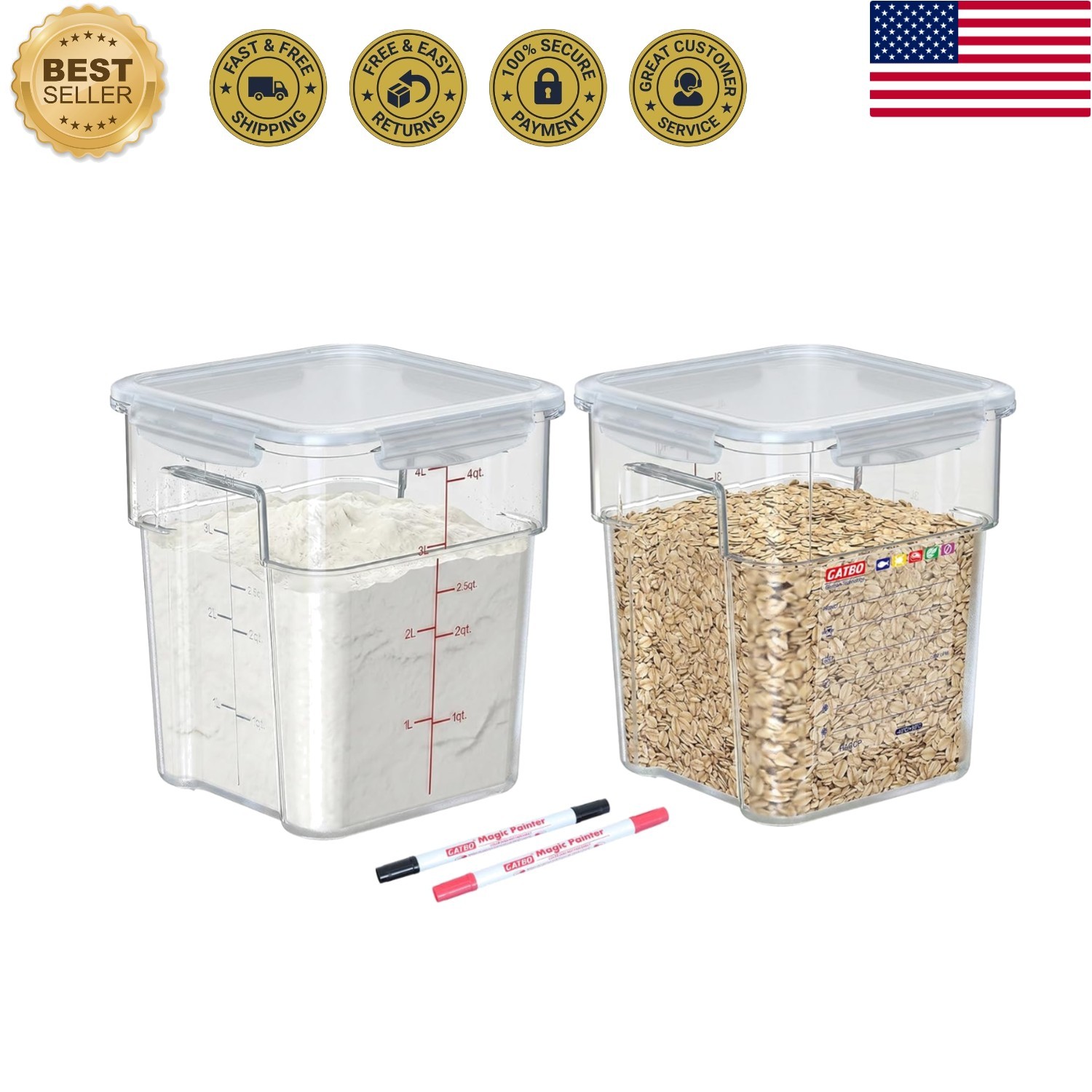 2 Pack 4 QT Airtight Commercial Food Storage Containers, Clear Food Storage C…