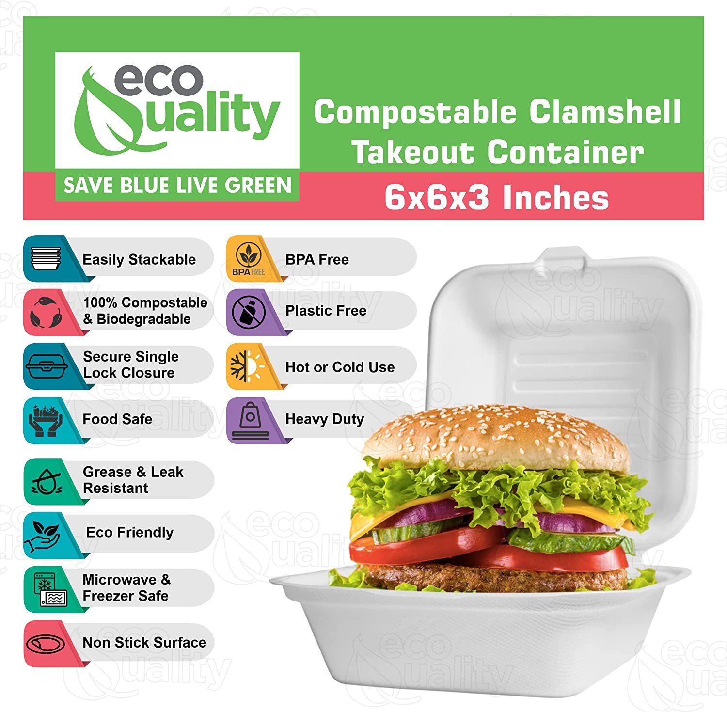 Compostable Square Hinged Clamshell 6×6 Food Take Out Box Disposable ToGo 500pcs