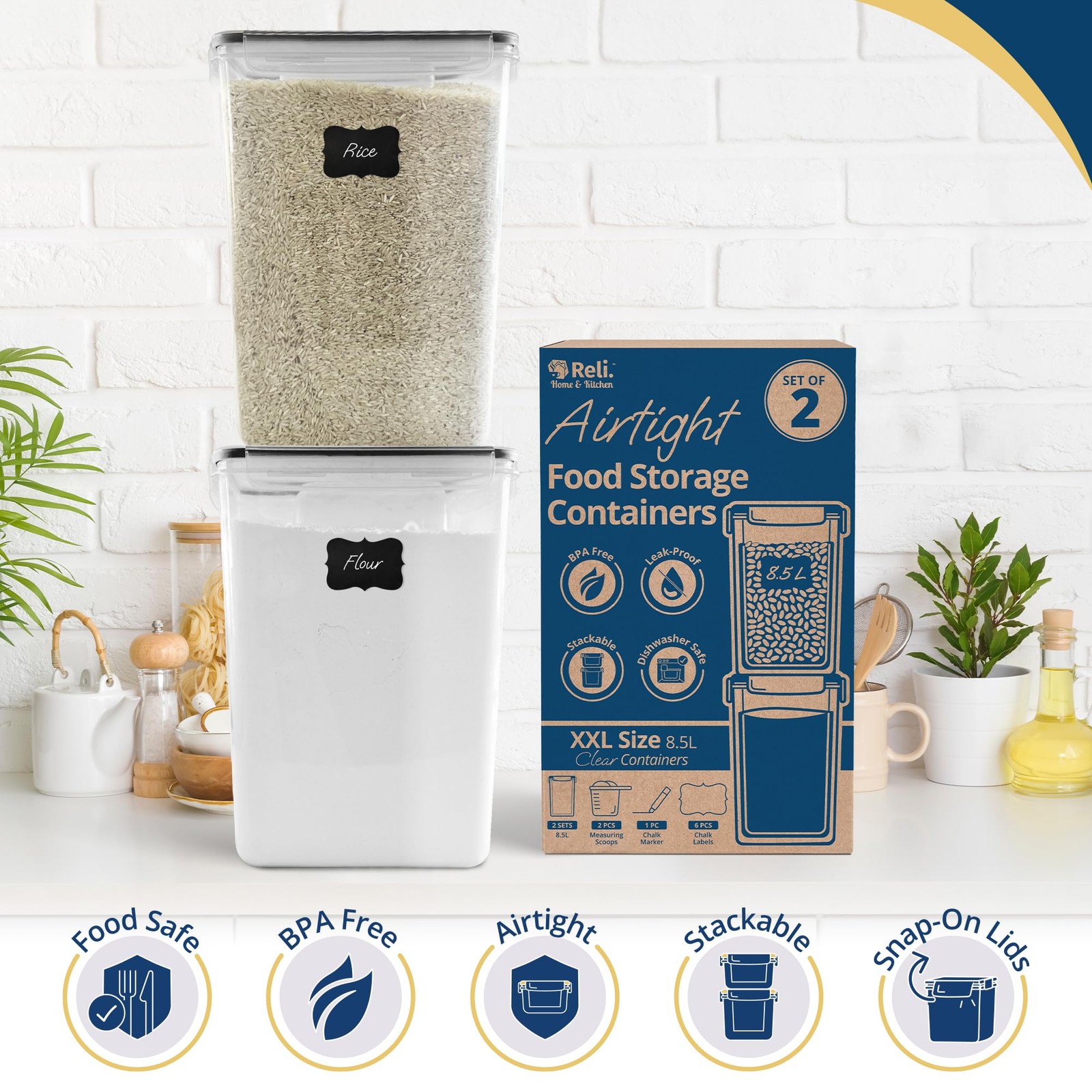 Reli. 8.5L Airtight Food Storage Containers with Lids (2 Sets) XXL, Clear