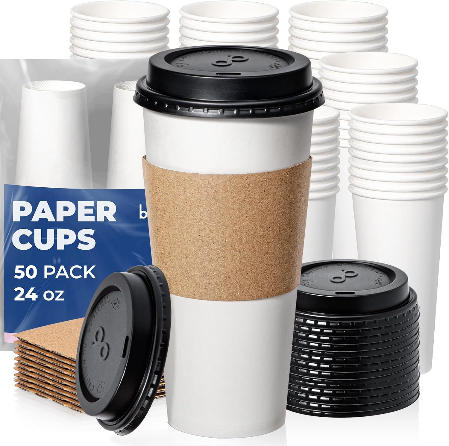 Fit Meal Prep 24 oz 50 Pack To Go Coffee Cups with Lids and Sleeves, Disposable