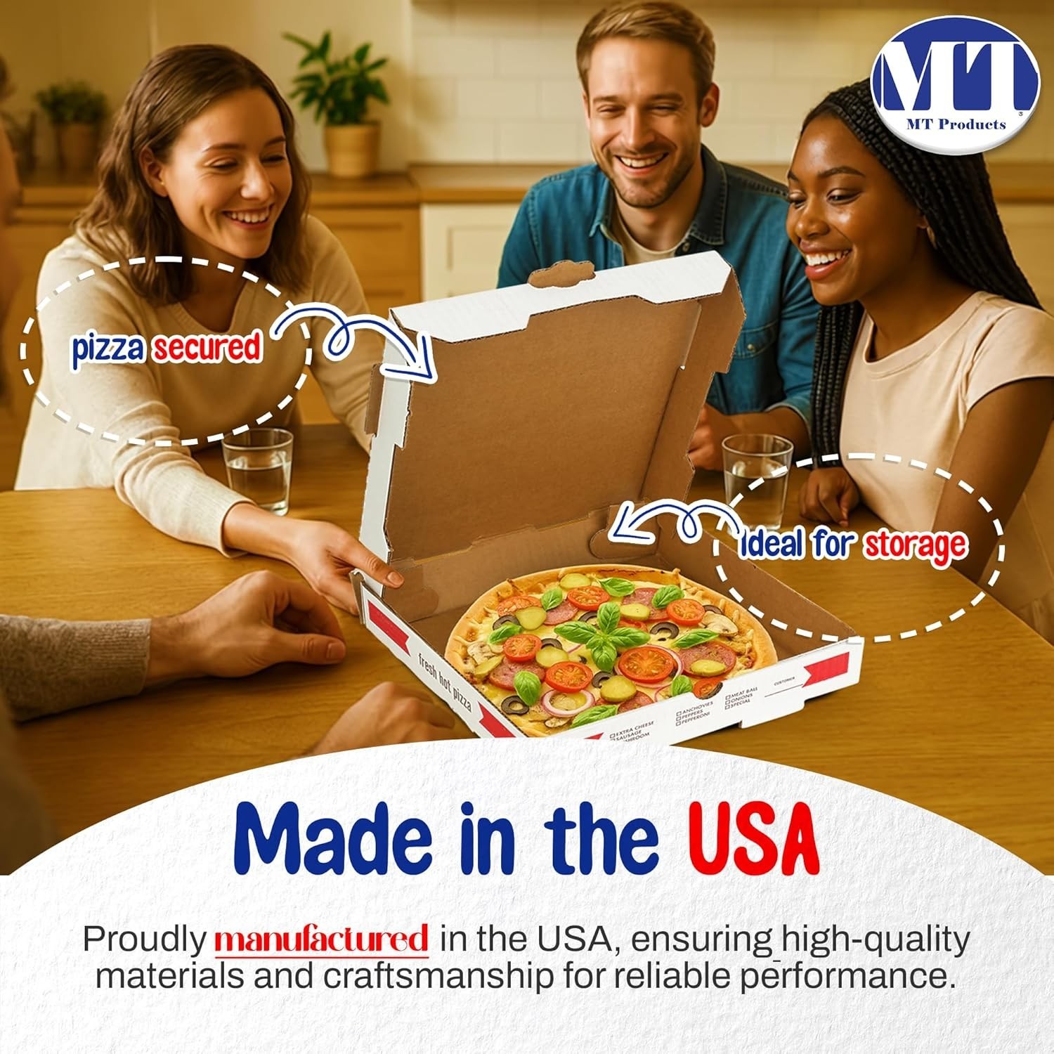 MT Products White and Red B-Flute Pizza Boxes 18″ x 18″ x 2″ – Pack of 50