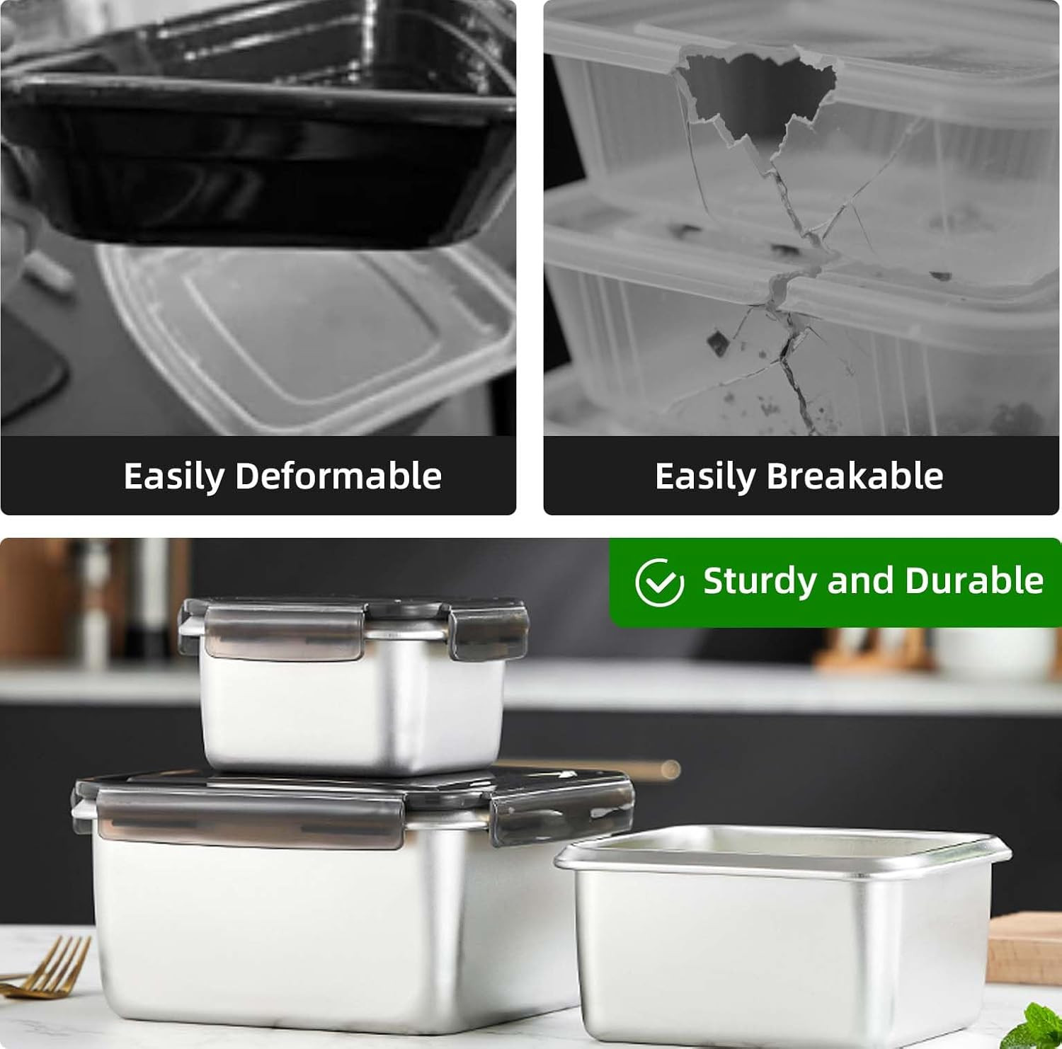 18/10 Stainless Steel Freezer Storage Containers Set of 2, 47Oz 94Oz Food Contai