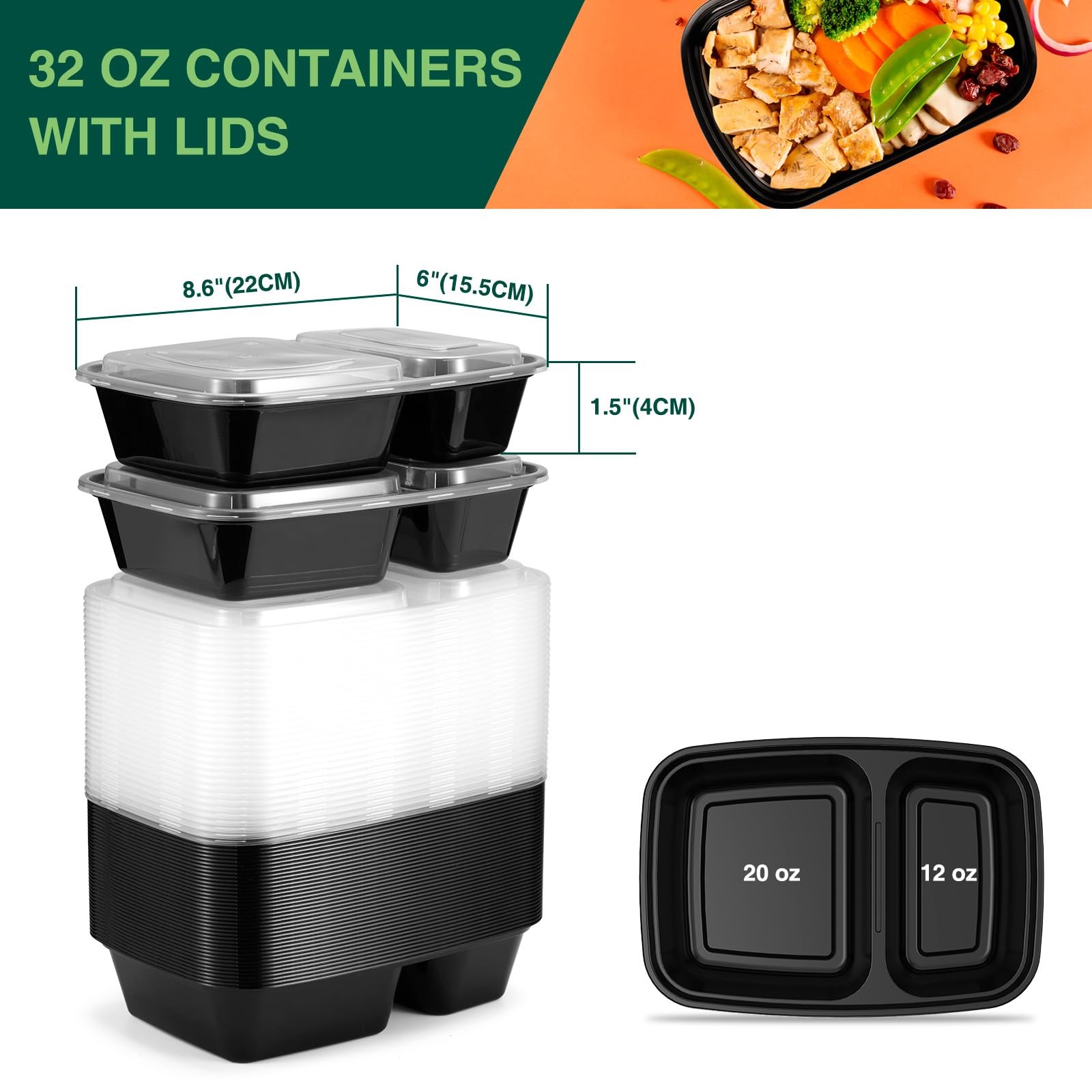 50 Pack (100-Piece) 32 oz Sturdy Leakproof 2-Compartment Meal Prep Containers…