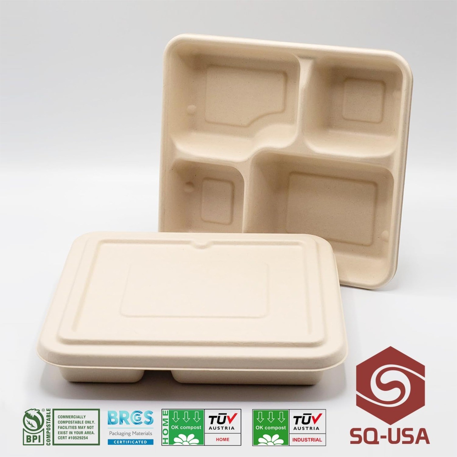 25 Pack 9X9″ 4-Compartment Meal Prep Lunch Bento Boxes with Lids,Made of Bagasse