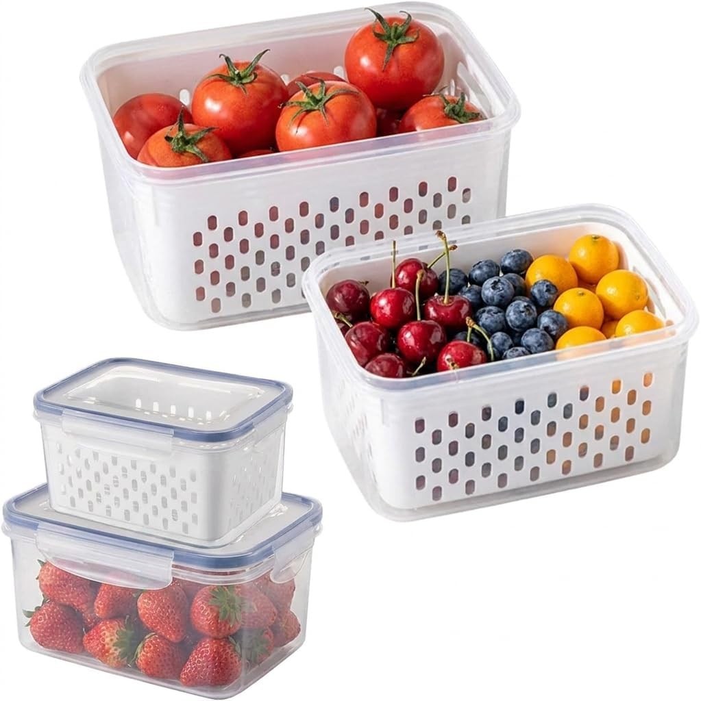 2 Pack Fruit Storage Containers for Fridge with Removable Colanders, Dishwash…