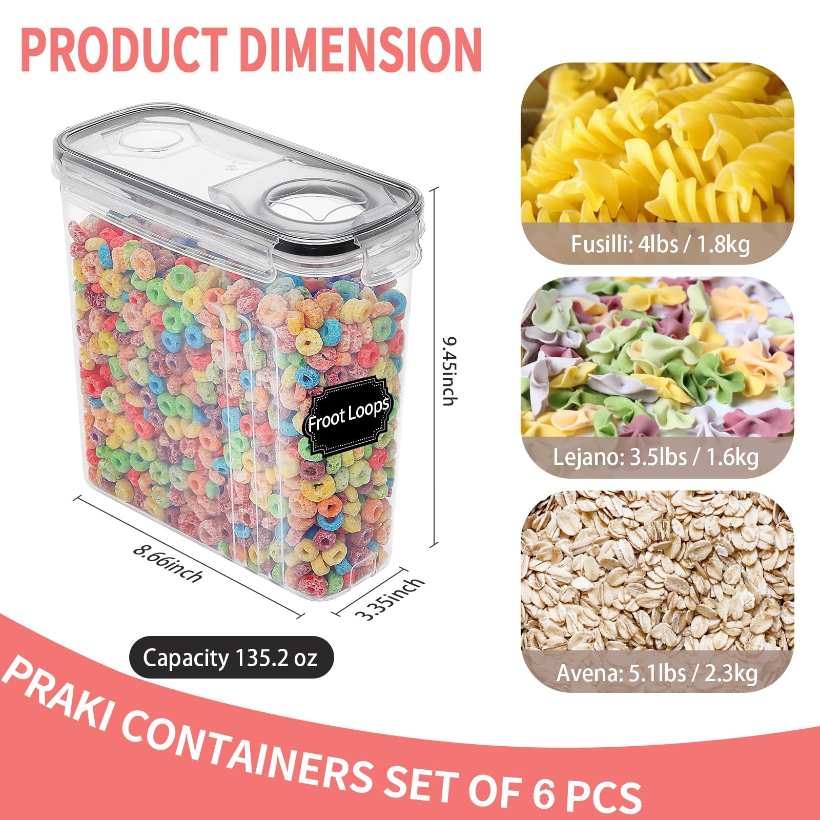 Large Dry Food Storage Containers with Lids, 6PCS Airtight Cereal Containers …
