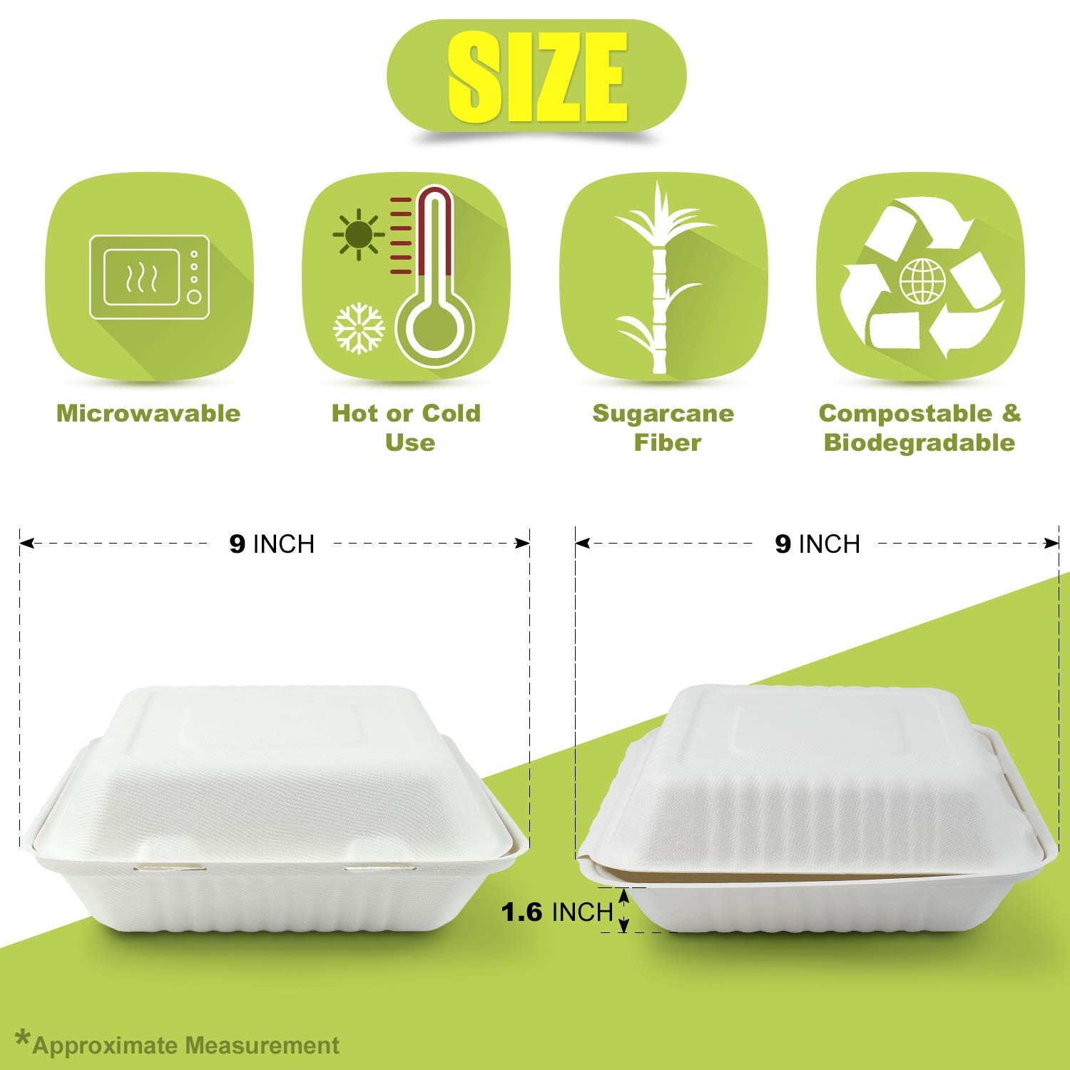 200 Count 1-Compartment Bagasse Clamshell Food Boxes Compostable Takeout Party