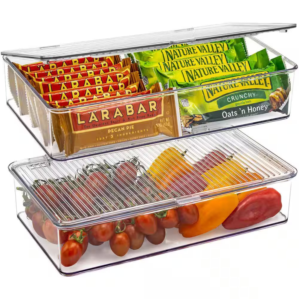 2 Pack Clear Plastic Storage Bins with Deviders and Lids for Fridge and Pantry S