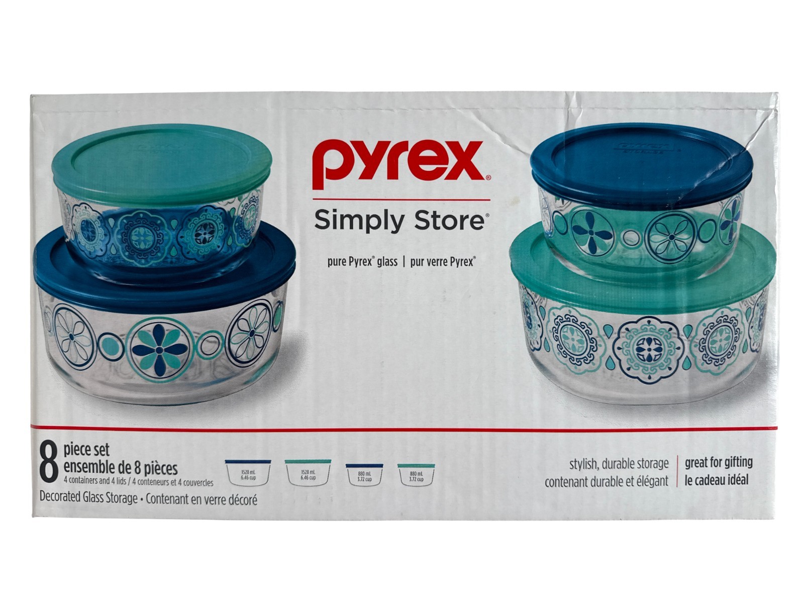 Rare 2018 PYREX Simply Store Pure Glass 8 pc Set Blue & Mint Decorated NIB HTF