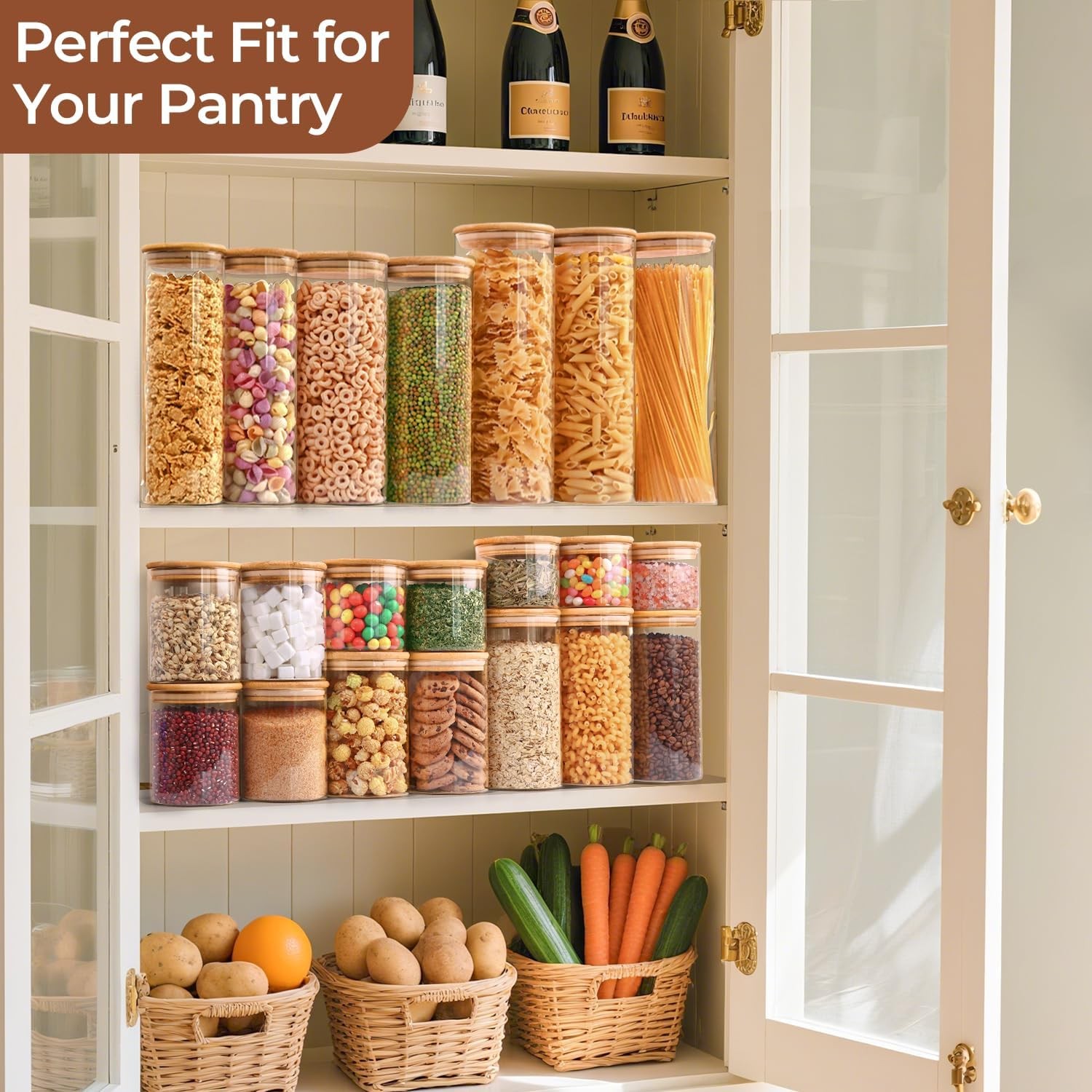 Glass Spaghetti Pasta Storage Container W/ Lids 2 Qt Set of 3 Tall Clear