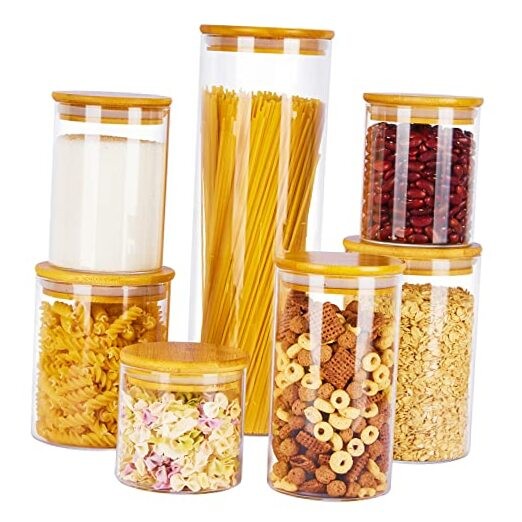Glass Food Storage Jars, 7 Pack Kitchen Containers with 7 Pack (15 oz – 74 oz)