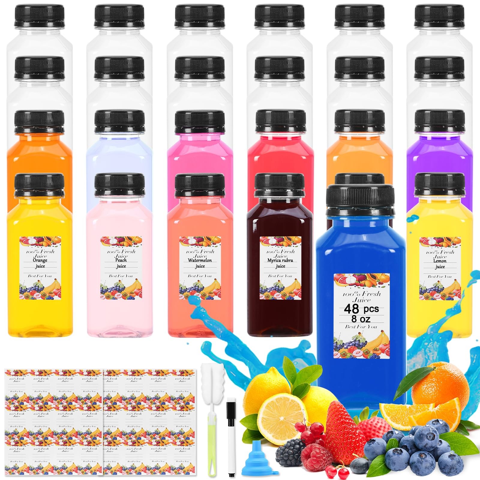 48pcs 8oz Empty Plastic Juice Bottles- Clear Homemade Juicing Drinks Containe…