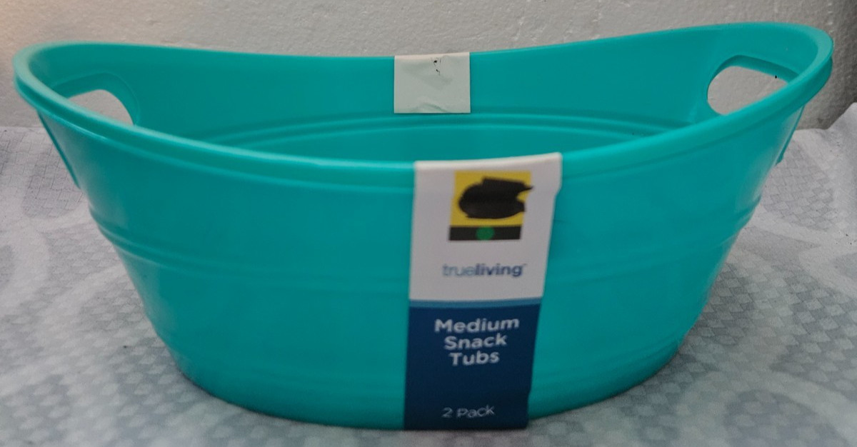 TrueLiving Med Snack Tubs Turquoise Plastic Party Storage Baskets Handles 2 Pack