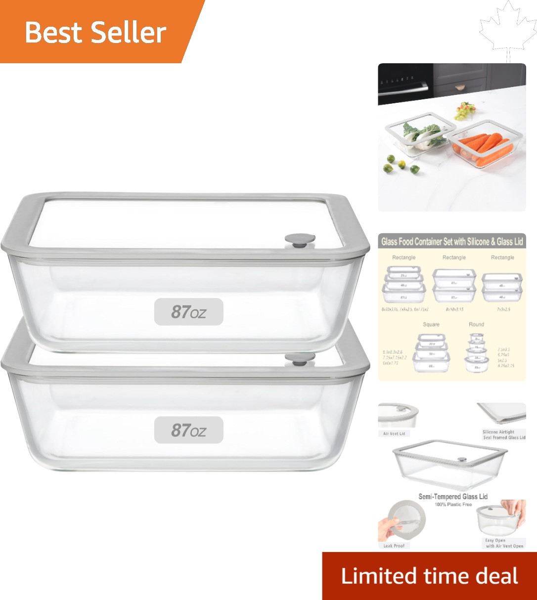 Airtight Glass Meal Prep Containers, 87oz with Leak Proof Lid