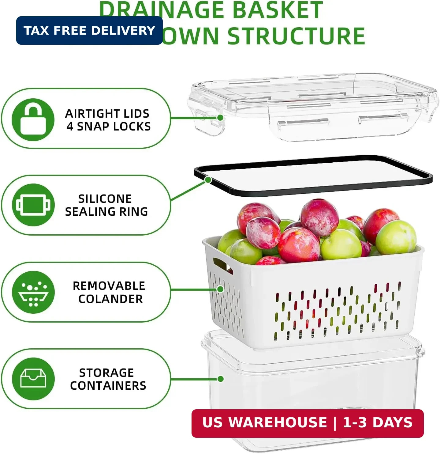 5 Pack Fruit Storage Containers for Fridge with Removable Colanders – Food St