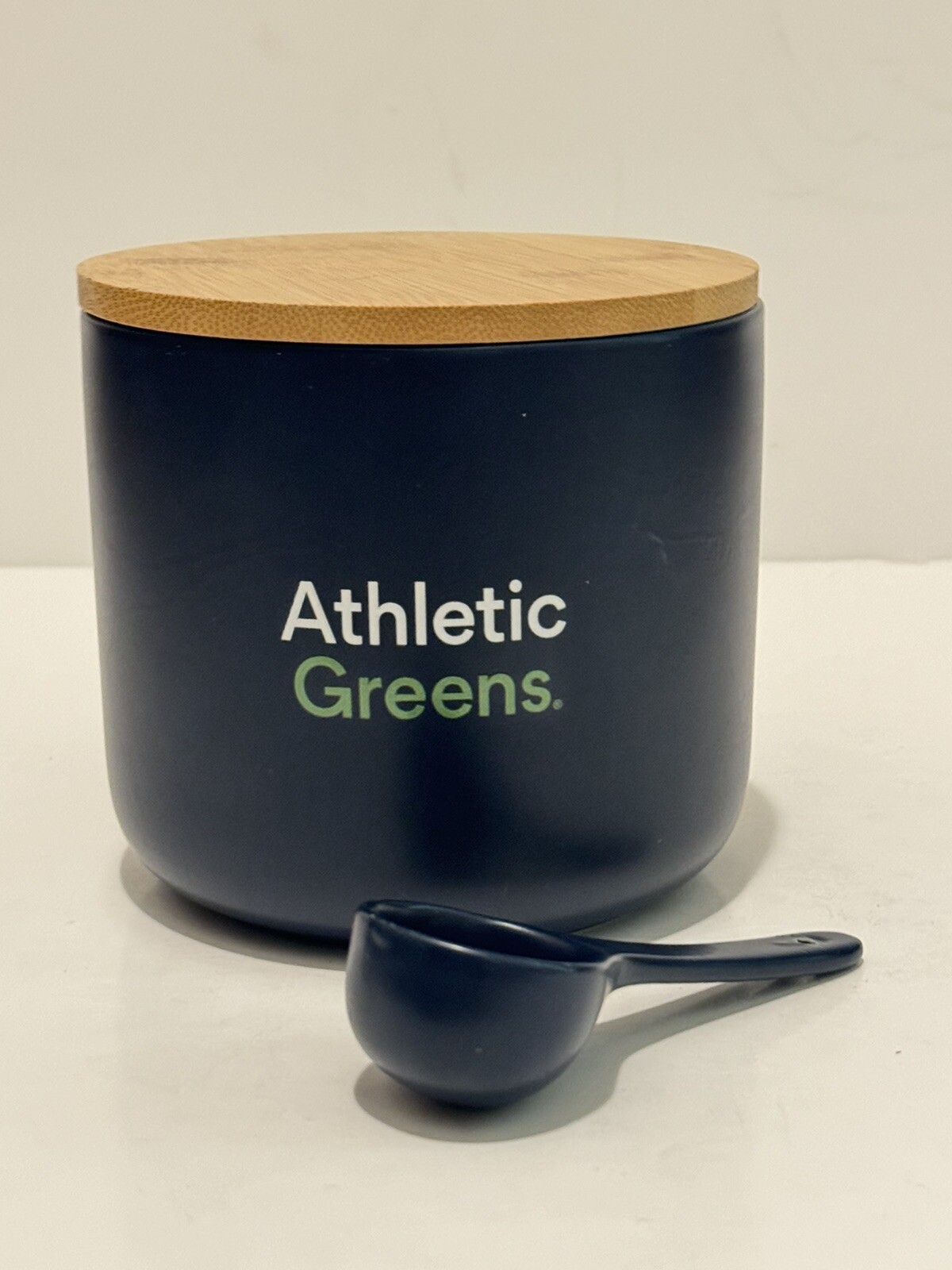 Athletic Greens Ceramic AG1 Blue Storage Container Bin Bamboo Lid 5.25” + Spoon