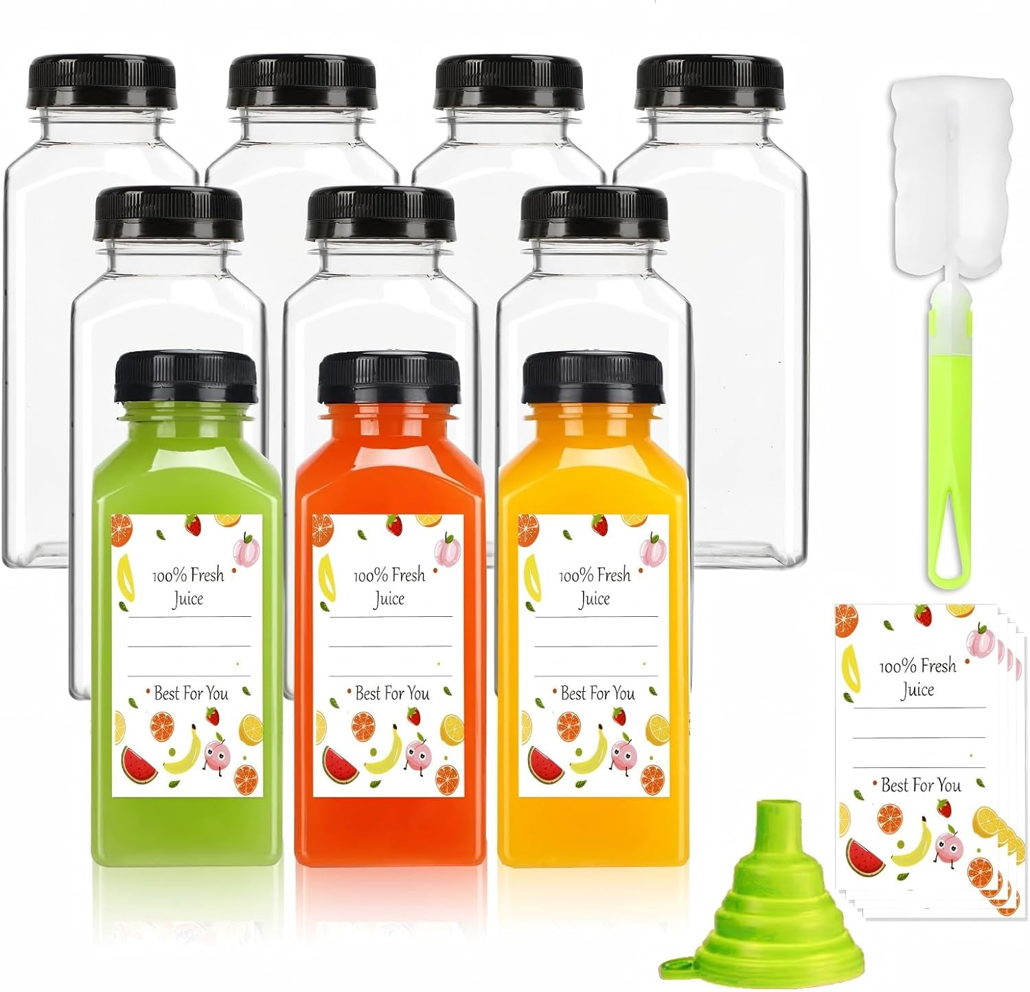 Plastic Juice Bottles with Caps 10Pcs 12Oz, Reusable Juice Containers with Black