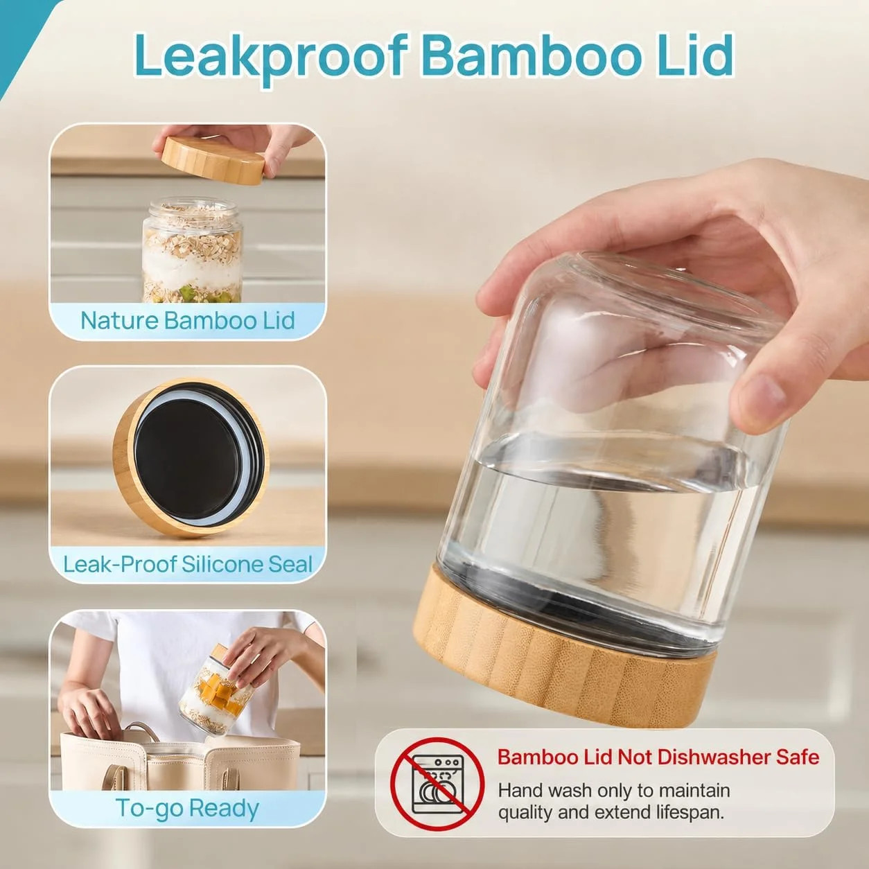 Vtopmart 6 Pack 16oz Glass Overnight Oats Containers with Bamboo Lids, Portable