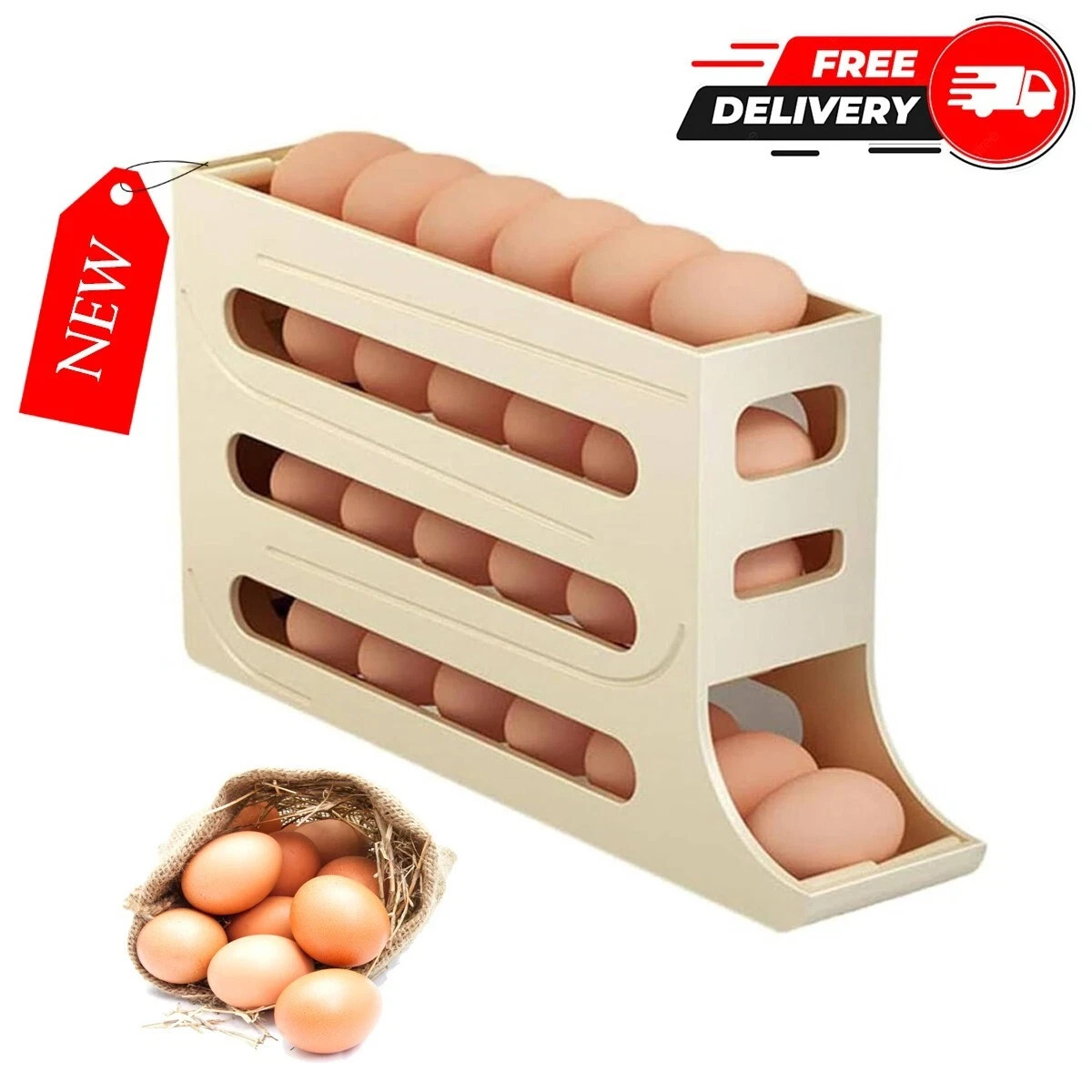 4-Tier Roll down Refrigerator Egg Dispenser Auto Rolling Egg Holder Storage Rack