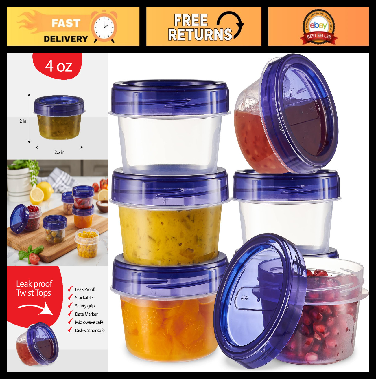 12 Pack 4 oz Twist Cap Food Storage Containers – Reusable Meal Prep, Microwave S