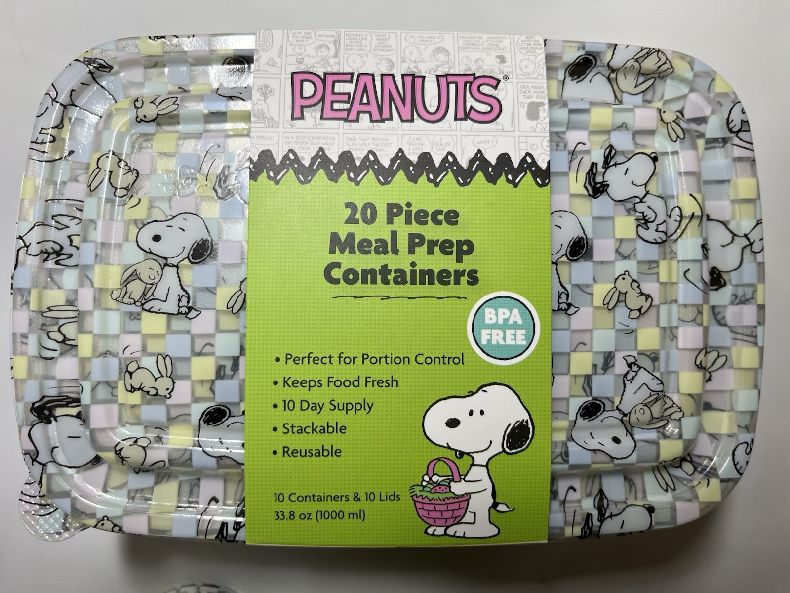 Peanuts Snoopy 20 Piece Meal Prep Containers Storage Easter Bunnies, 33.8oz