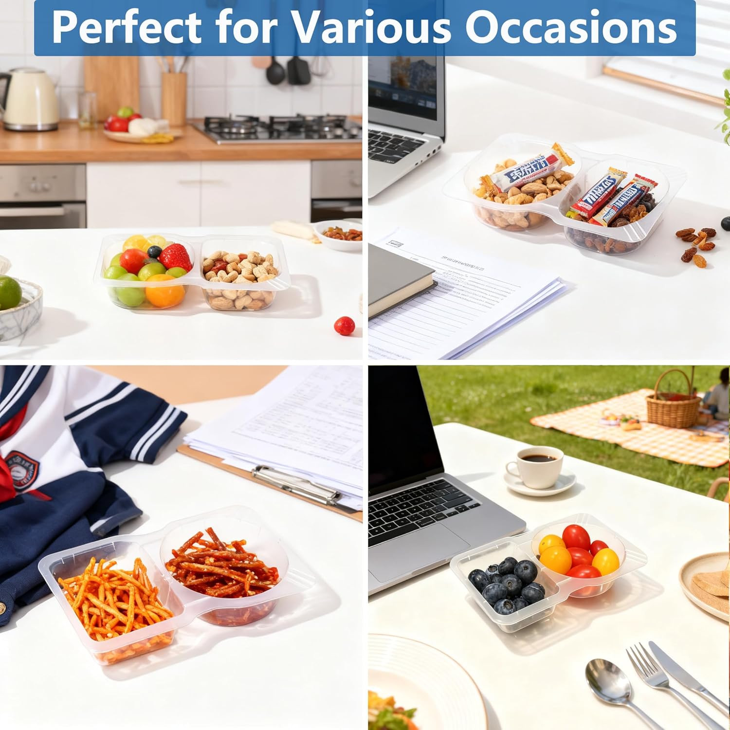 20 Pack Reusable Snack Containers with Lids, Double Compartment Snack Containers