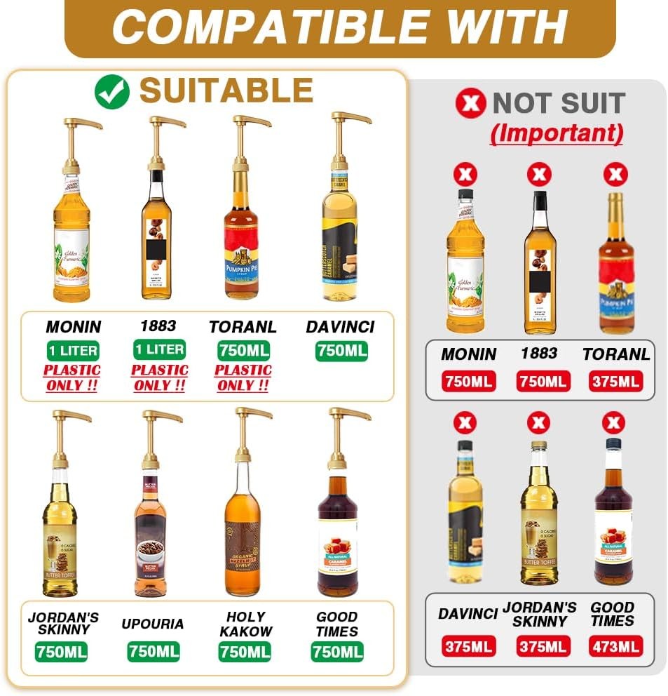 10 Pcs Gold Coffee Syrup Pump, Compatible with 25.4 Oz/750ml Bottles, Syrup Disp