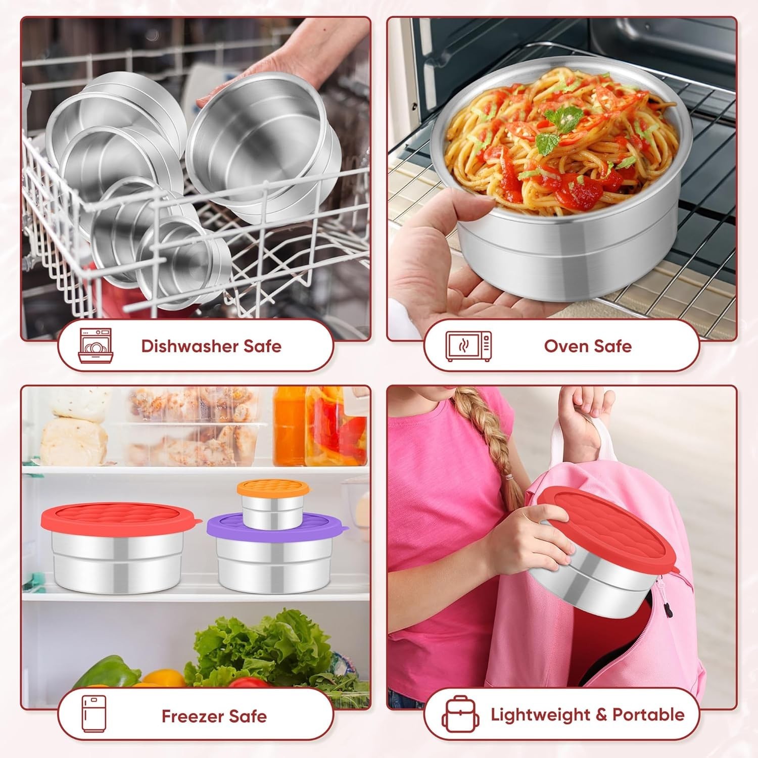 Stainless Steel Food Containers With Lids 3oz,6oz,12.85oz,20oz,30oz Set Of 5