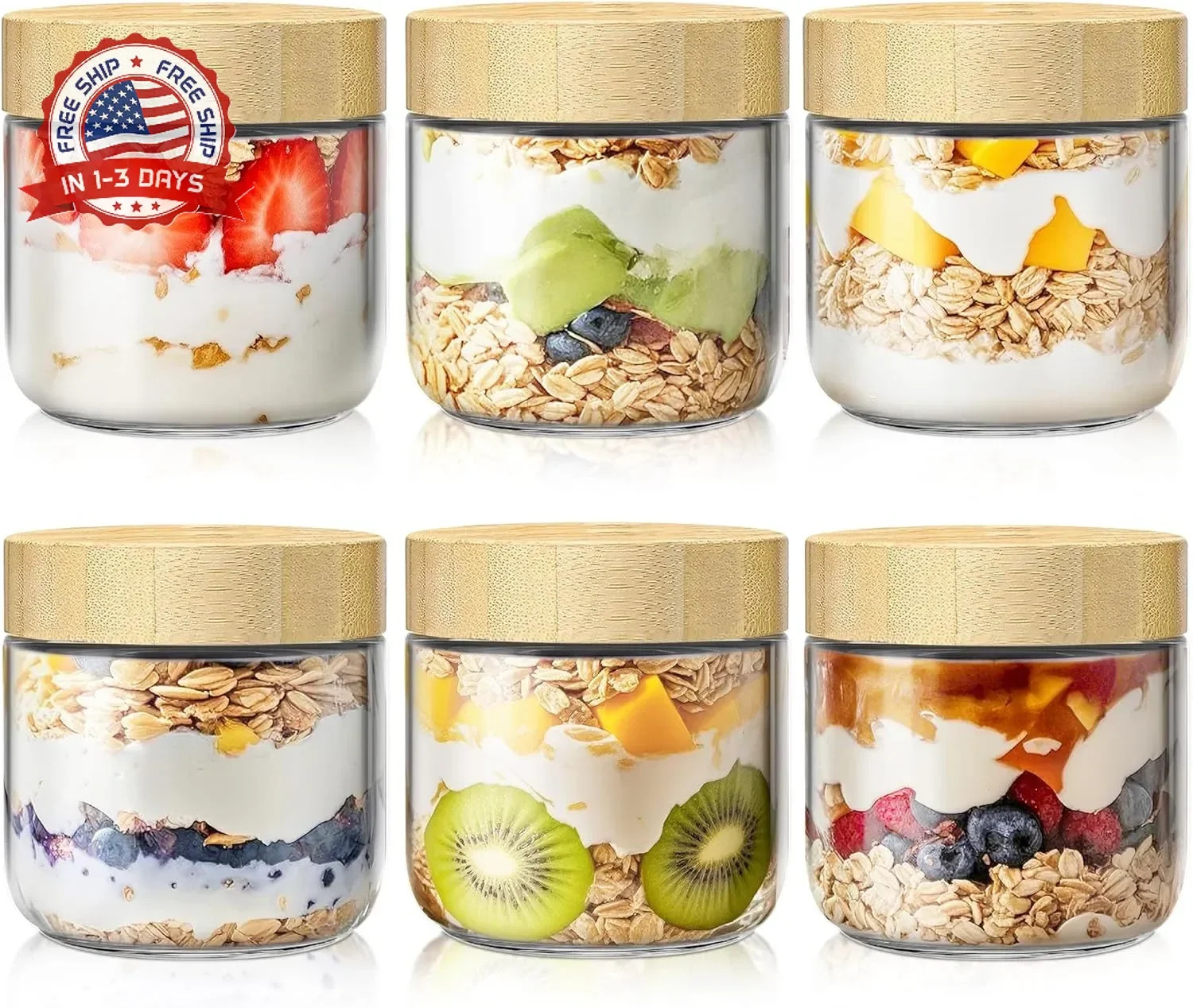 6 Pack 10oz Overnight Oats Containers with Bamboo Lids, Glass Jars with Airtight