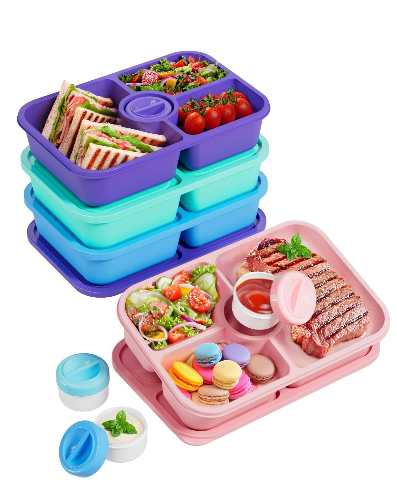 4 Pcs Divided Bento Snack Box Containers, Stackable Meal Prep Lunch Boxes with L