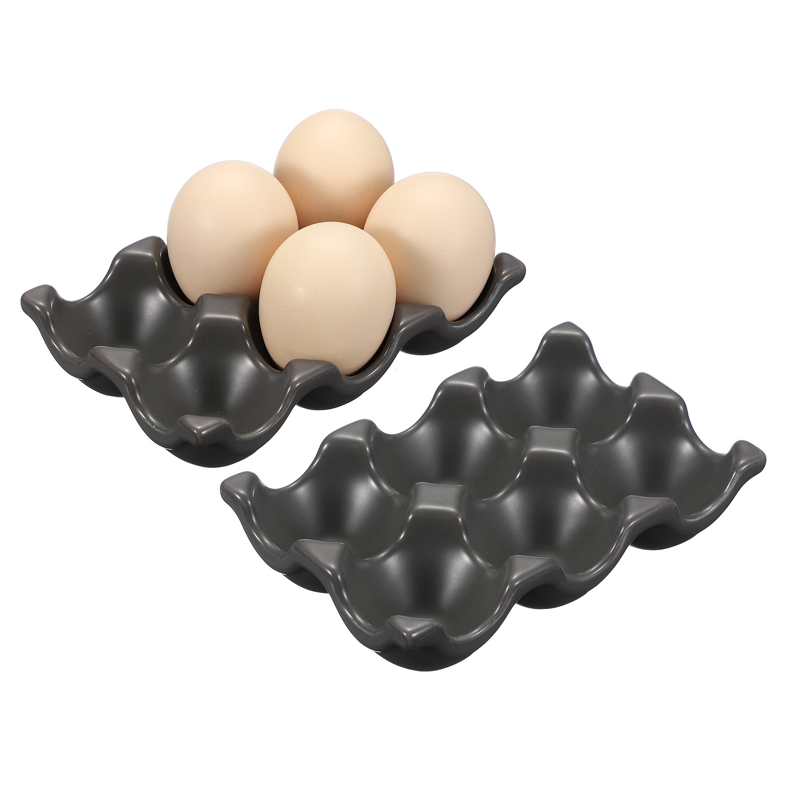 2Pcs Ceramic 6 Cups Egg Tray Holder for Home Kitchen Storage, Dark Grey