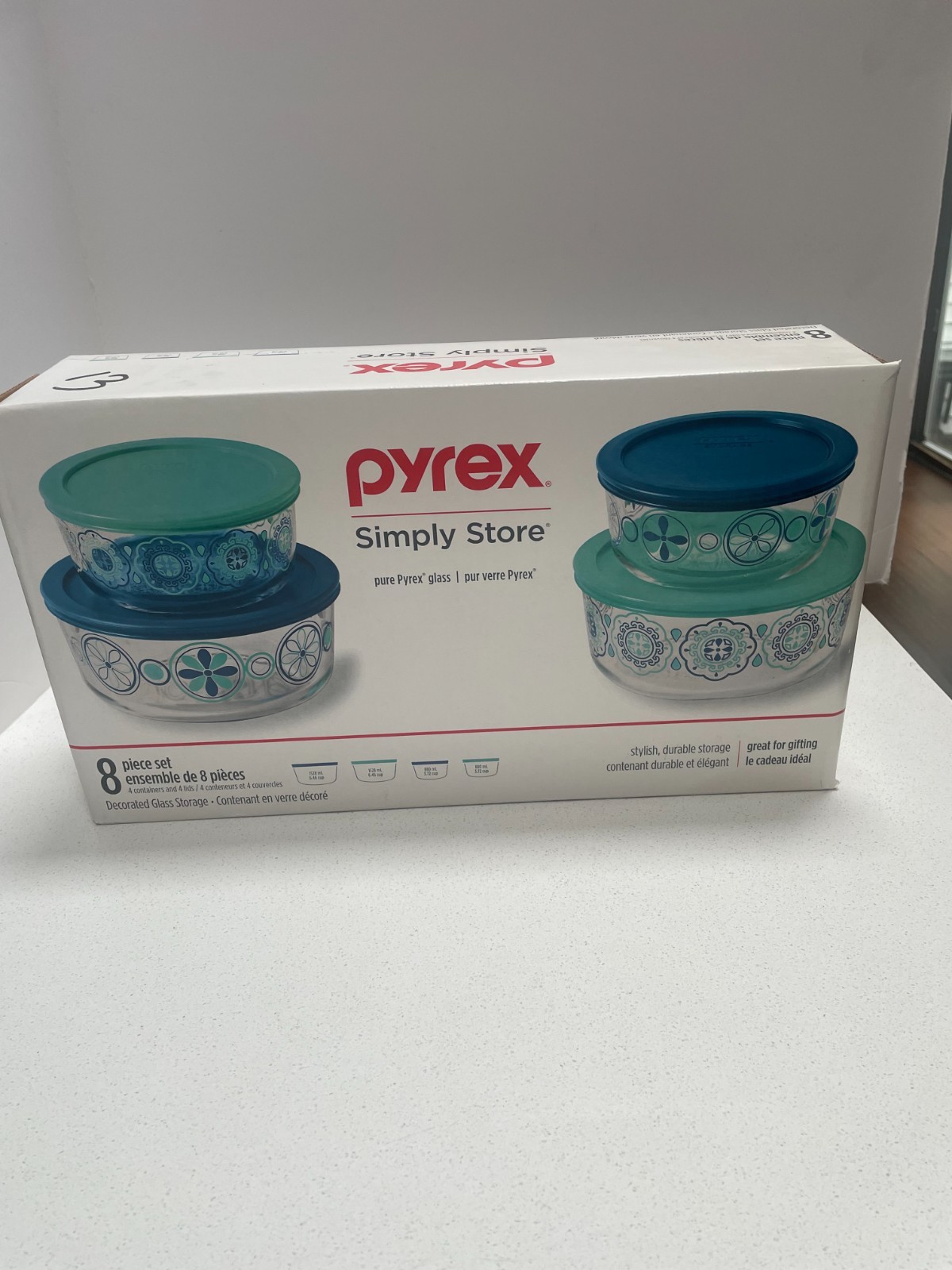 Rare 2018 PYREX Simply Store Pure Glass 8 pc Set Blue & Mint Decorated NIB NOS!!