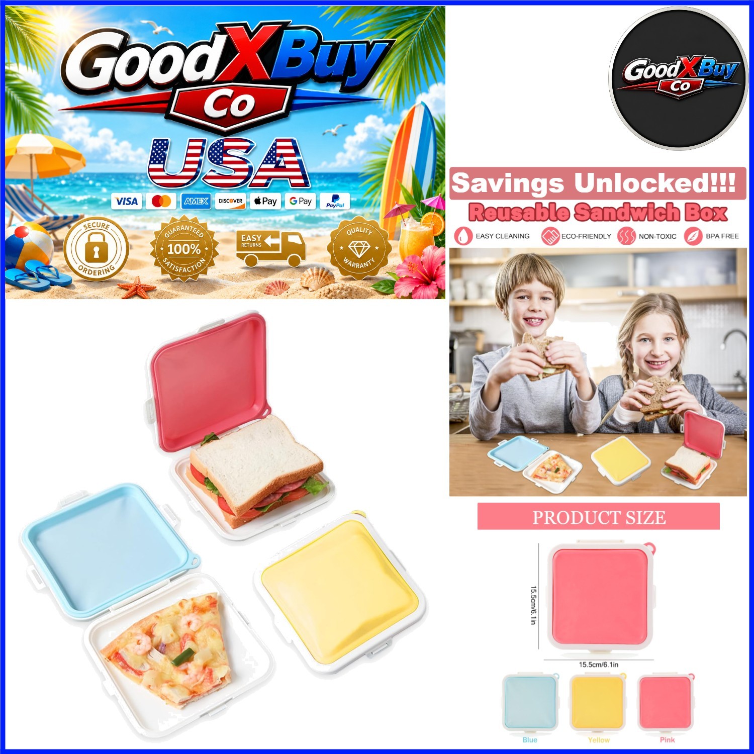 3 Pack Sandwich Containers BPA Free Leakproof Silicone Food Storage Boxes