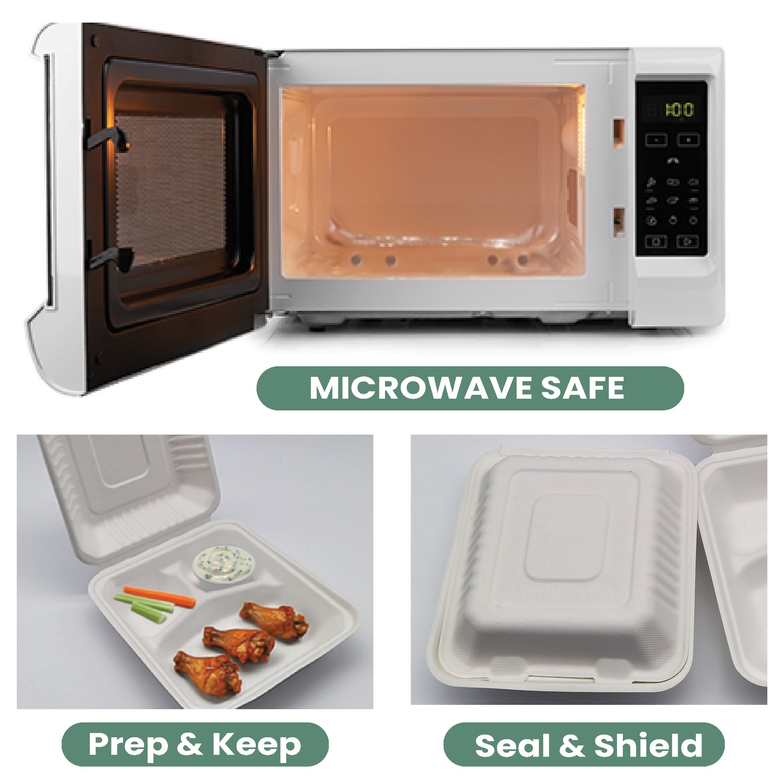 3-Compartment Hinged White Take Out Containers – 9″ – 200 Count