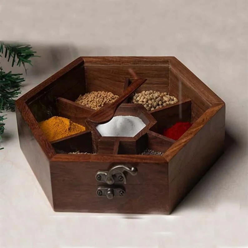 Wooden Hexagonal Spice Masala Box Dabba 6 Containers Set for Kitchen with Spoon