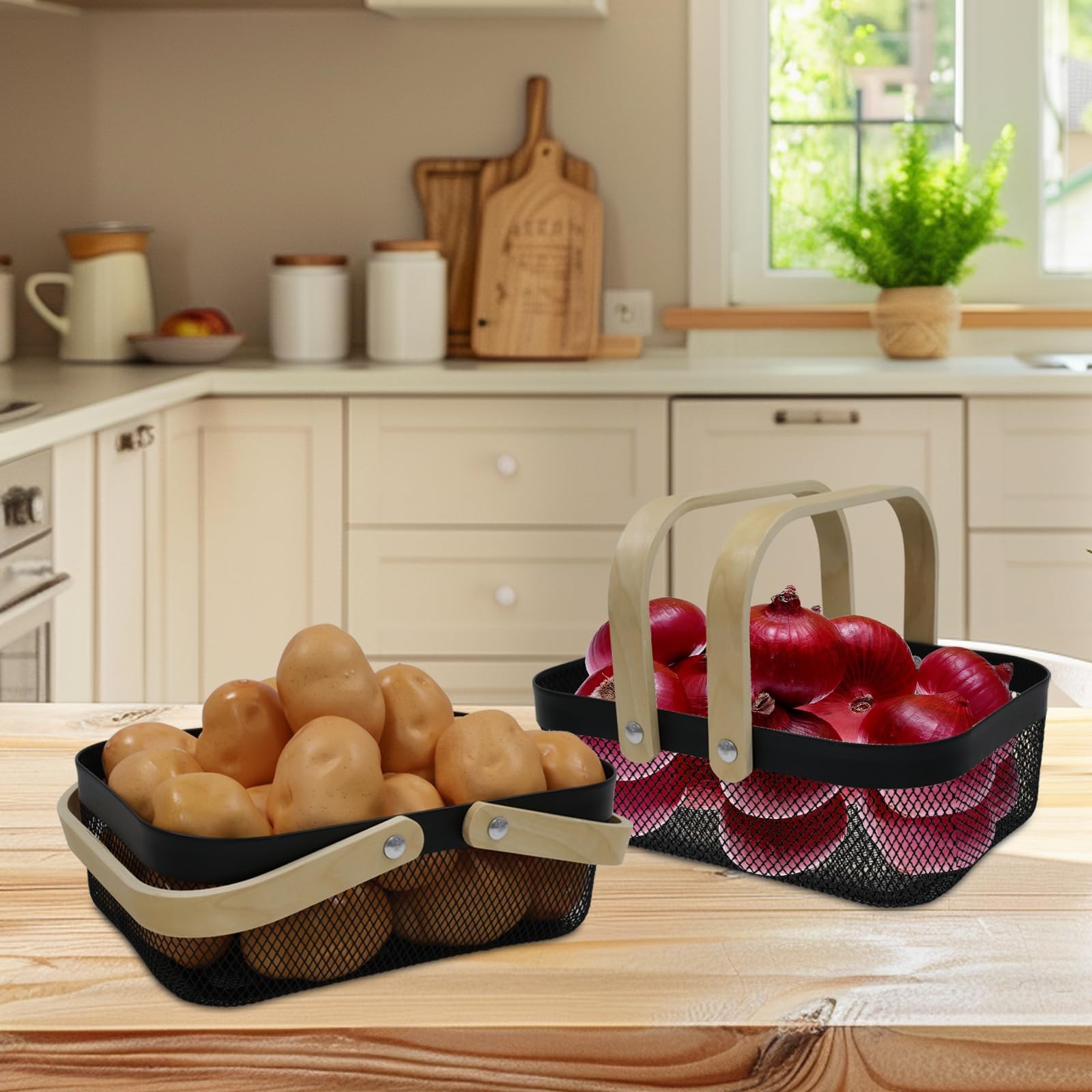 2 Set Potato Onion Storage Bin Fruit Basket Metal Wire Wooden Handle Black