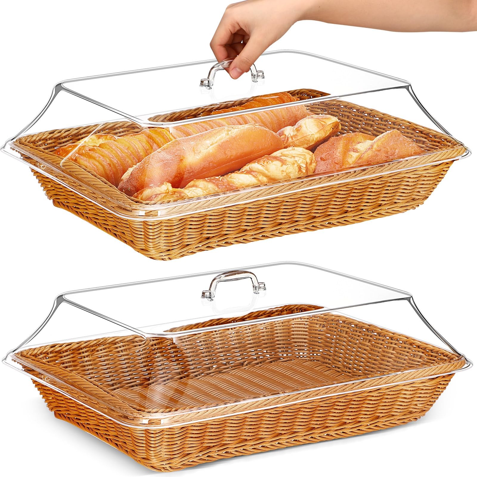 2 Pack Wicker Large Bread Basket with Acrylic Lid Housewarming Gift Woven Rec…