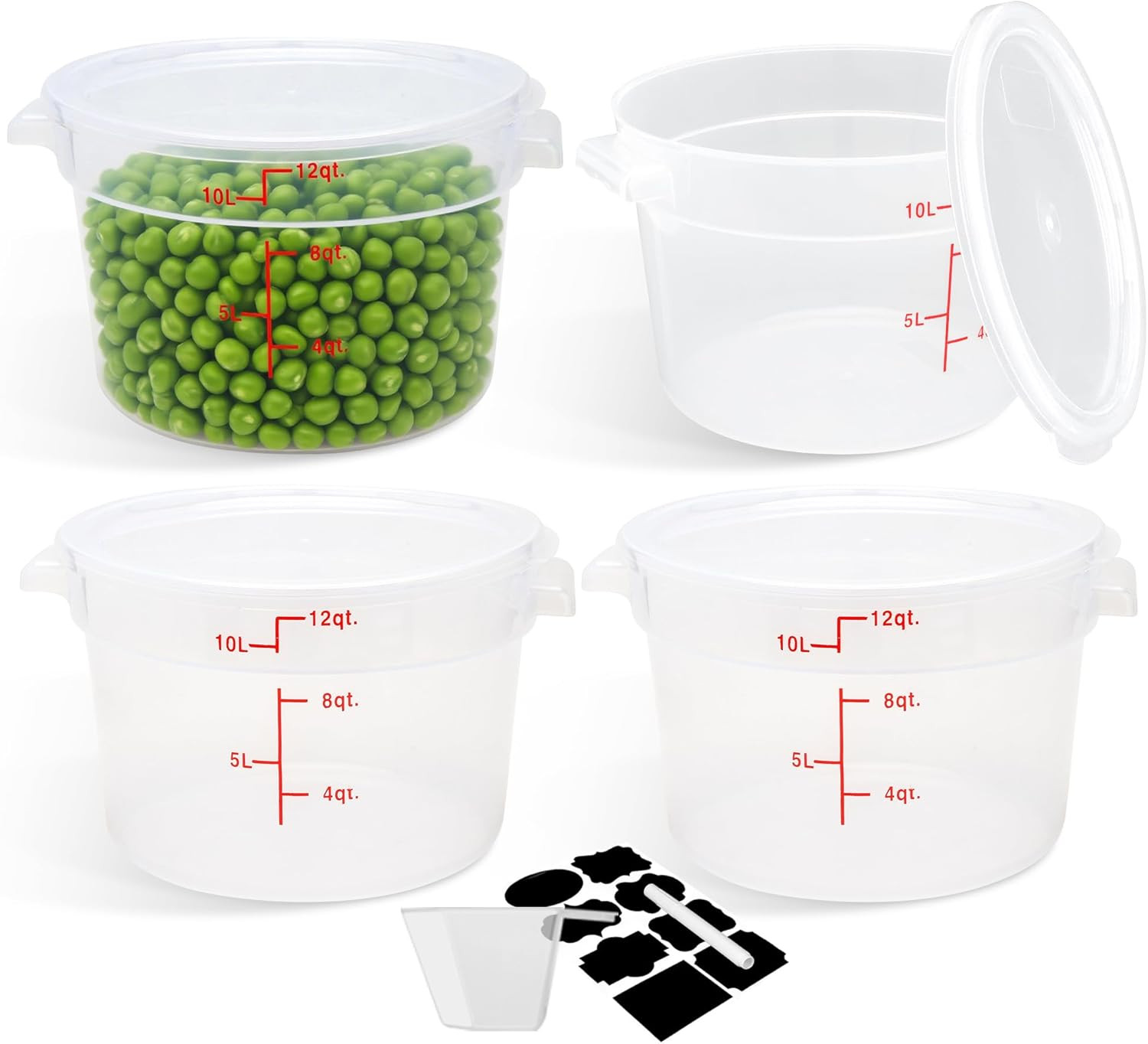 4 Pack round Food Storage Containers with Lids, 12Qt Translucent Commercial Food