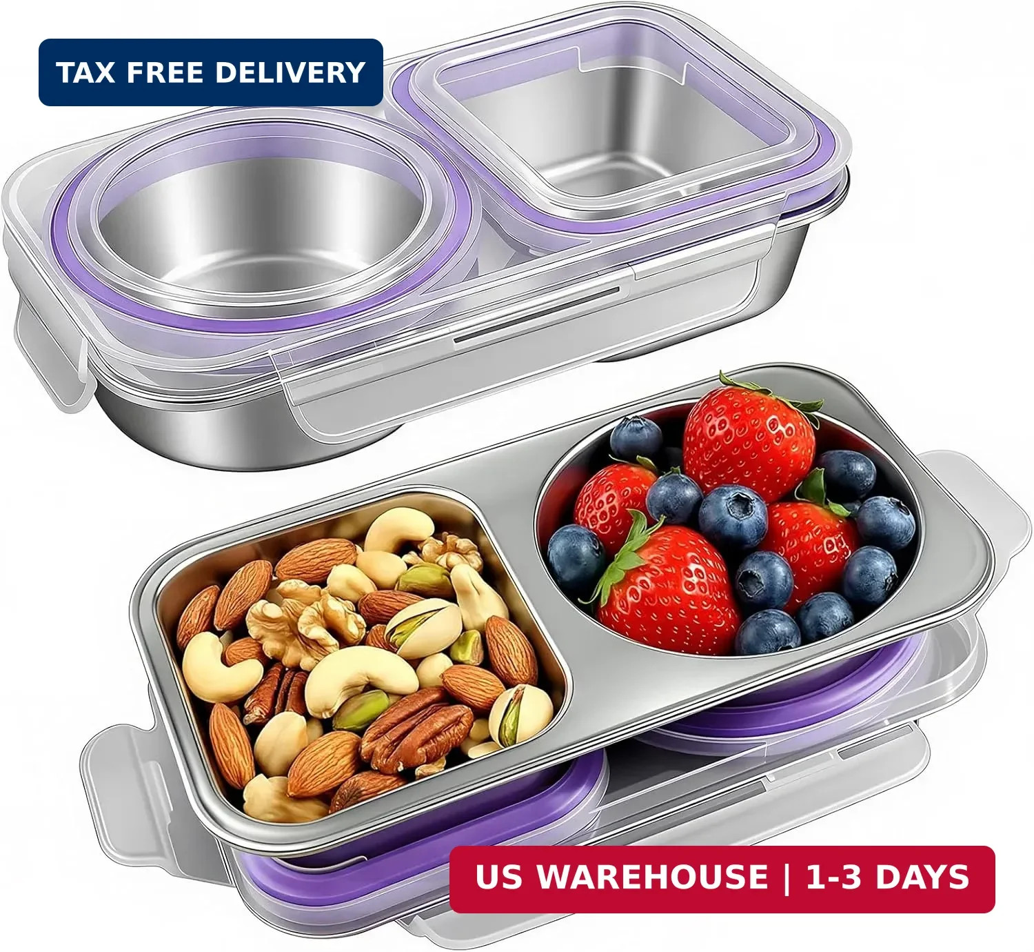 2-Pack Stainless Steel (BPA Free) Lunch Box with Purple Lid,2 Compartment 13 Oz