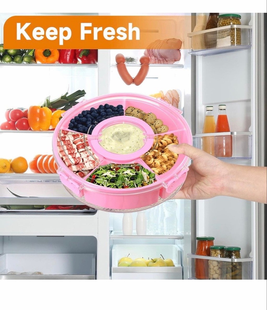 NEW PINK Snackle Dishwasher Safety Divided Rotating Serving Tray Handle Portable