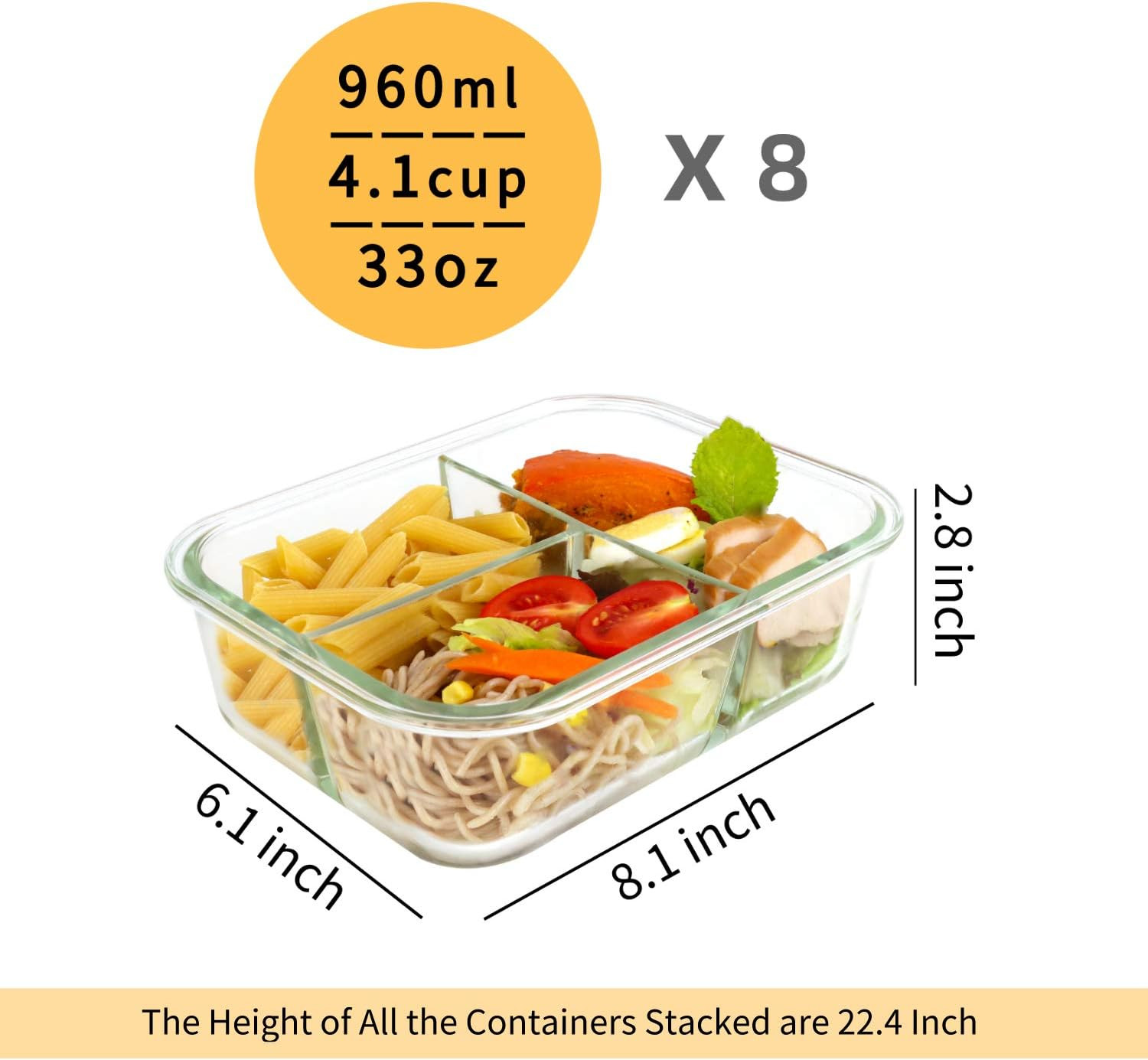 8 Pack Glass Meal Prep Containers 3 Compartment, Glass Food Storage Containers w